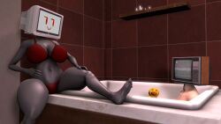 artist_upload bathroom big_ass big_breasts bikini clothed grey male red_eyes robot_girl sfm skin thick_thighs tv_head