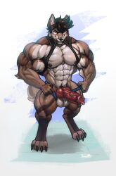 abs absurd_res animal_genitalia animal_penis anthro biceps big_muscles black_claws blue_eyes bodily_fluids bulge canid canine canine_genitalia canine_penis canis claws clothed clothing clothing_lift deltoids detailed_bulge digital_media_(artwork) digital_painting_(artwork) digitigrade domestic_dog erection erection_under_clothing flexing genital_fluids genital_outline genitals hair hi_res huge_muscles husky jockstrap knot looking_at_viewer looking_up looking_up_at_viewer male mammal multicolored_body muscular muscular_anthro muscular_legs muscular_male muscular_thighs nipples nordic_sled_dog partially_clothed paul_(majin764) pecs penis penis_outline pose precum quads rizzyofen shirt shirt_in_mouth shirt_lift smile smirk solo spitz tenting topless topwear underwear underwear_down vein veiny_penis