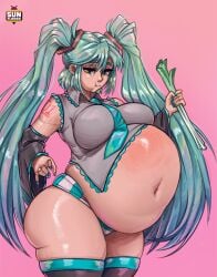 1girls artist_logo belly big_belly blue_hair clothing eating female female_only hatsune_miku long_hair massive_belly onions overweight panties pink_background simple_background solo solo_female stockings sunflower_art twintails vocaloid