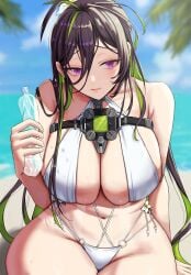 barely_clothed barely_contained beach belly_button bikini black_hair blush cleavage exposed_shoulders flower flower_in_hair goddess_of_victory:_nikke green_hair guilty_(nikke) guilty_(wave_of_disbelief)_(nikke) hips huge_breasts large_breasts lips long_hair massive_breasts messy_hair neck_restraint ocean palm_tree ponytail purple_eyes restraints sand shaved_crotch shaved_pussy shy sideboob sitting skindentation summer swimsuit tanline tanlines thick_thighs thighs water water_bottle water_droplets wet wet_body wet_breasts