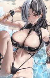 amber_eyes athenawyrm beach belly_button bikini black_hair blush cleavage ear_piercing goddess_of_victory:_nikke hi_res high_resolution highres huge_breasts large_breasts light-skinned_female light_skin ocean piercing rosanna_(chic_ocean)_(nikke) rosanna_(nikke) sand shaved_crotch shaved_pussy sitting smile smiling swimsuit tattoo tattooed_arm tattoos underboob wet wet_body white_hair