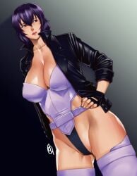 black_jacket breasts cleavage collarbone commentary_request dark_background female fingerless_gloves ganto ghost_in_the_shell gloves gradient_background hand_on_own_hip highleg highleg_leotard jacket kusanagi_motoko large_breasts leotard looking_to_the_side purple_hair simple_background solo standing strapless strapless_leotard thighhighs white_background