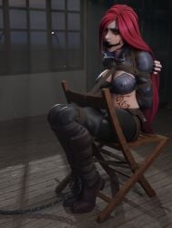 1girls 3d arms_behind_back ball_gag bondage bound_arms bound_legs clothed_bondage fully_clothed fully_clothed_female gag gagged ironlawbringer katarina_du_couteau league_of_legends midriff red_hair tattoo