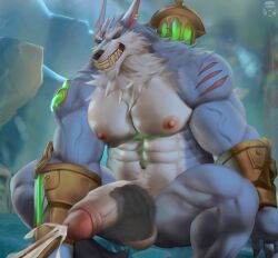 anthro balls big_balls big_penis bozi cum erection genital_fluids league_of_legends male male_nipples male_only muscular_anthro muscular_male nipples nude orgasm penis riot_games warwick werecanid werecanine werewolf