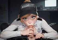 ai_generated anaslex blonde_hair blowjob button_down_shirt cap collared_shirt fellatio five_nights_at_freddy's fnaf green_eyes handjob holding_penis pov security_guard sex unbuttoned vanessa_(fnaf)