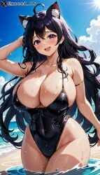 ai_generated beach big_breasts bikini black_hair cat_ears catgirl curvy curvy_figure curvy_hips hips hourglass_figure original_character purple_eyes shiny_skin stable_diffusion thick_thighs voluptuous_female xceed