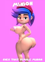 3d 3d_(artwork) big_ass big_breasts big_butt kaibernation light_pink_background looking_at_viewer magazine magazine_cover minion_(smg4) naked_female nipples ponytail smg4 thumbs_up