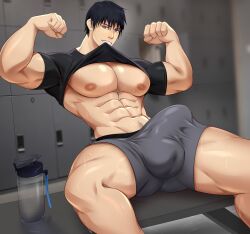 1boy abs biceps big_bulge black_hair bulge chest_hair cocky dilf erection erection_under_clothes flexing gasaiv jujutsu_kaisen locker_room looking_at_viewer male male_only muscular muscular_arms muscular_chest muscular_male nipples pecs penis penis_outline shirt_in_mouth shirt_lift sitting smile smiling_at_viewer smirk smirking_at_viewer solo solo_male spread_legs sweat toji_fushiguro treasure_trail underwear