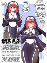 blue_eyes dialogue large_breasts nicolasgravelqc nun nun_outfit original original_character red_hair sister_alice_(nicolasgravelqc) text wide_hips