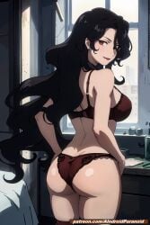 ai_generated aindroidparanoid ass big_ass black_hair bra breasts busty from_behind fullmetal_alchemist fullmetal_alchemist_brotherhood hips homunculus huge_ass huge_breasts indoors large_ass large_butt lingerie long_hair lust_(fullmetal_alchemist) narrow_waist nipples pale_skin panties parted_lips red_eyes round_ass showing_ass stable_diffusion wavy_hair wide_hips