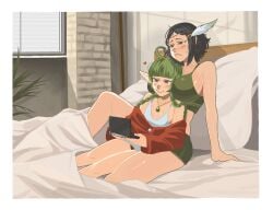 2girls ahoge bed braid breast_smother breasts chzzei circlet cleavage commission face_to_breasts feather_hair_ornament feathers female female_only fire_emblem fire_emblem_awakening green_hair hair_ornament handheld_game_console highres large_breasts multiple_girls nah_(fire_emblem) nintendo nintendo_3ds noire_(fire_emblem) non-web_source pointy_ears sideboob small_breasts tank_top twin_braids wholesome yuri