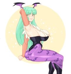 1girls 2024 areola_slip arm_behind_head ass bat_print big_breasts blush capcom darkstalkers female female_only gauntlets green_eyes green_hair head_wings hi_res leotard long_hair looking_at_viewer morrigan_aensland nalu_chaaan pantyhose purple_pantyhose side_view sideboob sitting smiling smiling_at_viewer solo succubus teeth_showing wings wink