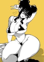 achumuchi arms_up bangs big_breasts bikini breasts_out bubble_butt curvy dark_hair erotic_x_anabolic glasses hair_bun hourglass_figure huge_breasts mitsukura_itsuha nipples original peace_sign short_hair sitting swimsuit thick_thighs thong wide_hips