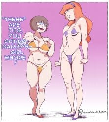 2girls angry angry_face athletic athletic_female belly big_breasts bikini breast_envy breasts brown_hair busty cleavage curvy curvy_female curvy_figure daphne_blake different_breast_sizes female flats glasses hanna-barbera hips hourglass_figure jealous jealous_female long_hair multiple_girls navel nerd nerdy_female orange_bikini orange_thong red_hair red_shoes scooby-doo short_hair size_difference small_breasts tagme thick_thighs thong thong_bikini velma_dinkley wide_hips yashiro_a._marino