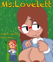 boobs_out brown_areola brown_hair embarrassed flashing glasses kindergarten_(game) kindergarten_3 ms._lovelett outside shirt_lift teacher