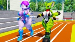 anthro aquatic_dragon big_breasts carol_tea dragon feline female female_protagonist freedom_planet freedom_planet_2 jogging sahanovazamat sash_lilac sling_bikini video_games water_dragon wildcat