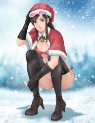 bell bra capcom ema_skye eyewear eyewear_on_head glasses glasses_on_head gloves gyakuten_saiban high_heels mistletoe panties santa_costume santa_hat smiling snow squatting winter