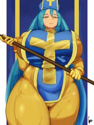 1girls alternate_version_available armor big_breasts blue_hair bodysuit breasts cameltoe clothing dragon_quest dragon_quest_iii female female_only gloves hair handwear hat headwear holding_object holding_weapon huge_breasts large_breasts long_hair lpiv orange_eyes plump priest priest_(dq3) priestess solo solo_female staff thick_thighs thighs tight_clothing yellow_bodysuit