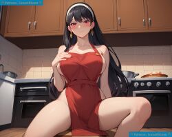 ai_assisted ai_clothes ai_generated apron big_breasts black_hair blush earrings female kitchen legs red_apron red_eyes sitting spy_x_family sunsetbloom yor_briar yor_forger