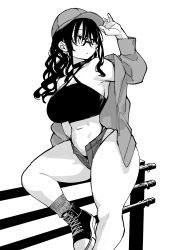 achumuchi ass bare_shoulders breasts erotic_x_anabolic female glasses guard_rail hat highres huge_ass inui_achu large_breasts long_hair mitsukura_itsuha monochrome original shoes short_shorts shorts solo thick_thighs thighs wide_hips