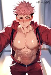 ai_generated big_pecs blush haruartx itadori_yuuji jujutsu_kaisen male male_only onesie six_pack tagme