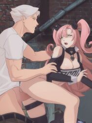 1boy 1boy1girl 1girl 1girls alley arm_grab bent_over blush bottomless_female bow cock female green_eyes large_breasts male muscular_male nicole_demara nipple_peek ophirianmerchant original_character partially_clothed penetration pink_hair shoulder_grab thick_penis thigh_strap white_hair white_shirt zenless_zone_zero