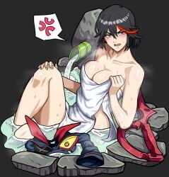 1girls black_hair blue_eyes blushing kill_la_kill matoi_ryuuko mikeypieart pale-skinned_female pale_skin simple_background solo solo_female solo_focus tagme thighs water