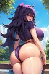 ai_generated back_view backboob bare_legs big_ass big_butt chichiyama fat_ass game_freak gigantic_ass gigantic_breasts hairband hex_maniac huge_breasts huge_thighs light-skinned_female light_skin long_hair looking_back massive_ass massive_breasts nintendo nipples_visible_through_clothing panties pokemon pokemon_xy ponytail pool poolside purple_eyes purple_hair smiling solo_female t-shirt thick_thighs thighs voluptuous voluptuous_female