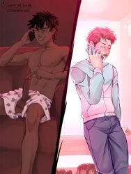 cellphone dark_skin drooling_cum fionna_and_cake gary_prince gay lawwclair light_skin male male_only marshall_lee pink_hair prince_gumball red_eyes sharp_teeth teeth telephone touching_penis towel towel_only vampire_fangs