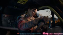 1girls 3d 3d_render bad_source black_hair breasts car cockpit cyberpunk_2077 dark-skinned_female dark_skin driving english_text female gloves motor_vehicle panam_palmer realistic science_fiction solo steering_wheel