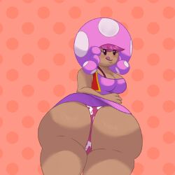 2024 background bedroom_eyes big_ass big_breasts black_eyes blush blushing_at_viewer braids colored_outline dark_skin dot_eyes fanart looking_at_viewer mushroom mushroom_girl mushroom_hat oofrowdy outline panties pink_dress pink_hair pink_panties polka_dot polka_dot_background red_coat red_shirt shaded shiny_skin stinkify suntan super_mario_bros. tan_skin tan_skinned_female toadette tongue_out turned_around upskirt