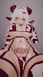 1girls 3d animal_ears artsyvrc big_breasts bra breasts cow_ears horns looking_at_viewer looking_down panties pubic_tattoo succubus succubus_tattoo tummy virtual_youtuber vrchat vtuber white_hair womb_tattoo