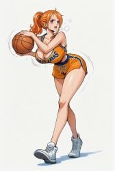 ai_generated alluring almost_naked almost_nude basketball basketball_shorts basketball_uniform big_breasts blush breasts brown_eyes female female_only long_hair looking_at_viewer nami nami_(one_piece) one_piece orange_hair ponytail post-timeskip seducing seduction seductive seductive_body seductive_eyes seductive_gaze seductive_look seductive_mouth seductive_pose shiny_hair shiny_skin sweat sweatdrop sweating sweaty sweaty_body thick_thighs voluptuous voluptuous_female yashin