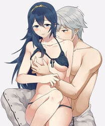 1boy bikini blue_eyes blue_hair blush breast_grab breasts brown_eyes couple female fire_emblem fire_emblem_awakening long_hair lucina_(fire_emblem) medium_breasts mejiro robin_(fire_emblem) robin_(fire_emblem)_(male) short_hair silver_hair