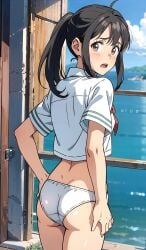 ai_generated back_view bare_legs big_butt black_hair brown_eyes curvaceous curvy_female light-skinned_female looking_back panties ponytail school_uniform schoolgirl small_breasts solo_female suzume_(suzume_no_tojimari) suzume_no_tojimari