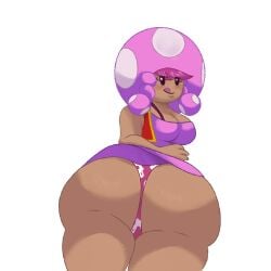 2024 ass bedroom_eyes big_ass big_breasts black_eyes blush blushing_at_viewer braids colored_outline dark_skin dot_eyes fanart looking_at_viewer mario_(series) mushroom mushroom_girl mushroom_hat nintendo oofrowdy outline panties pink_dress pink_hair pink_panties polka_dot red_coat red_shirt shaded shiny_skin stinkify suntantan_skin tan_skinned_female toadette tongue_out turned_around upskirt