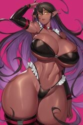 1girls abs barely_clothed big_hips black_hair bottom_heavy breasts breasts_bigger_than_head bursting_breasts cleavage dark-skinned_female dark_elf dark_skin elf female female_only female_solo gigantic_hips gigantic_thighs gurimjang hand_on_head hand_on_own_head highres hips huge_breasts huge_hips huge_thighs large_hips long_ears long_hair long_pointy_ears looking_at_viewer midriff multicolored_hair o-ring_bikini o-ring_bottom o-ring_top original pointy_ears purple_hair skimpy skimpy_clothes solo solo_female thick_thighs thighs two_tone_hair very_long_hair wide_hips yellow_eyes