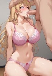 1boy 1girls ahe_gao ai_generated bare_shoulders blonde_hair blowjob blush bow bow_bra bra breasts cleavage climax climax_reached clockup collarbone cum cum_in_mouth cum_on_breasts deepthroat enjoying eroge!_h_mo_game_mo_kaihatsu_zanmai fellatio female fujiwara_momoka gastkeser82 hair_ornament in_heat kneeling large_breasts long_hair navel panties penis penis_grab penis_in_mouth pink_bra pink_panties purple_eyes stomach