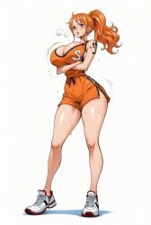 ai_generated alluring almost_naked almost_nude basketball basketball_shorts basketball_uniform big_breasts blush breasts brown_eyes female female_only long_hair looking_at_viewer nami nami_(one_piece) one_piece orange_hair ponytail post-timeskip seducing seduction seductive seductive_body seductive_eyes seductive_gaze seductive_look seductive_mouth seductive_pose shiny_hair shiny_skin sweat sweatdrop sweating sweaty sweaty_body thick_thighs voluptuous voluptuous_female yashin