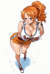 ai_generated alluring almost_naked almost_nude basketball basketball_shorts basketball_uniform big_breasts blush breasts brown_eyes female female_only long_hair looking_at_viewer nami nami_(one_piece) one_piece orange_hair ponytail post-timeskip seducing seduction seductive seductive_body seductive_eyes seductive_gaze seductive_look seductive_mouth seductive_pose shiny_hair shiny_skin sweat sweatdrop sweating sweaty sweaty_body voluptuous voluptuous_female yashin