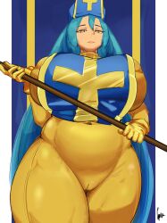 1girls alternate_version_available armor big_breasts blue_hair bodysuit breasts cameltoe clothes_lift clothing clothing_lift dragon_quest dragon_quest_iii female female_only gloves hair handwear hat headwear holding_object holding_weapon huge_breasts large_breasts lifted_top long_hair lpiv orange_eyes plump priest priest_(dq3) priestess solo solo_female staff thick_thighs thighs tight_clothing yellow_bodysuit