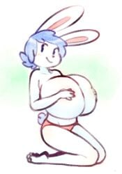 2018 angstrom anthro big_breasts blue_hair blush breasts clothed clothing covering covering_breasts covering_self female hair hand_on_breast huge_breasts kneeling lagomorph leporid mammal molly_(angstrom) panties rabbit smile solo top_heavy topless underwear white_body