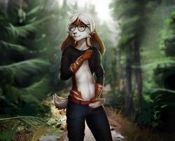 2018 5_fingers anthro blush detailed_background eyewear feline forest fur furry glasses hazelmere highres hybrid jeans lagomorph looking_at_viewer male male_only mammal outdoors pants penis rabbit shirt shirt_lift shy sky solo standing tree white_fur