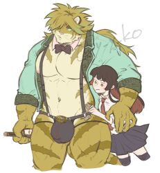 anthro big_bulge black_hair bow_tie bulge clothing detailed_bulge duo felid female fur hair human lifewonders magan male mammal muscular muscular_anthro muscular_male navel pantherine pecs size_difference striped_body striped_fur stripes thong tiger tokyo_afterschool_summoners underwear y_y_ko yellow_body yellow_fur