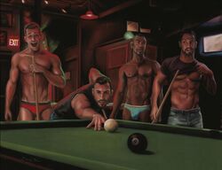 4boys 8_ball balls billiard_ball billiards black_hair blue_underwear briefs brown_eyes brown_hair brown_skin bulge clothed cue_ball cue_stick dark-skinned_male dark_skin eight_ball erect_nipples exposed_nipples facial_hair gay interracial jeans male male_only mouth_open pool_ball pool_table red_underwear shirt_lift shirtless strip_pool underwear underwear_only undressing yaoi