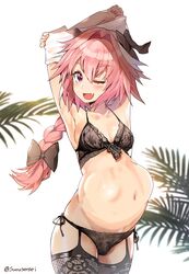 1boy androgynous astolfo_(fate) balls_in_panties belly big_belly breast bulge edit fate/apocrypha fate_(series) femboy girly lingerie male male_only penis_in_panties pink_hair solo suou-sensei trap vore wink