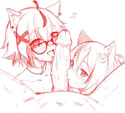 1boy 2girls aeiou_(yoako) ahoge animal_ears anthro anthro_on_human anthro_on_humanoid anthro_on_male cat_ears catgirl cock collaborative_fellatio collar furry_female glasses hair_ornament heart human_on_anthro ivy_(nyaivie) kemonomimi kissing_penis licking licking_penis looking_at_viewer nude open_mouth penis piercing ponytail precum short_hair sketch sweat sweating tagme_(artist) tongue tongue_out