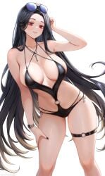 barely_clothed barely_contained bikini black_hair black_nail_polish black_nails blush goddess_of_victory:_nikke hi_res high_resolution highres huge_breasts key key_necklace large_breasts legs light_skin light_skinned_female long_hair maiden_(nikke) maiden_(under_the_sun)_(nikke) narijade necklace red_eyes simple_background smile smiling solo solo_female sunglasses sunglasses_on_head swimsuit thick_thighs thighs