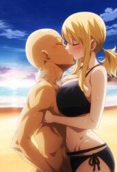 1boy 1female 1girls 1male ai_generated arm_around_neck bald_man bare_shoulders beach beach_background big_breasts bikini blonde_female blonde_hair blush closed_eyes curvaceous curvy_female fairy_tail imminent_sex kissing lucy_heartfilia makeout naked_male outdoors pogo_(artist)