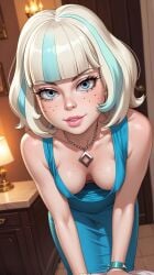 ai ai-created ai_art ai_assisted ai_generated ai_hands bending bending_down bending_forward bending_over bending_over_position bent_over blue_dress breasts downblouse female jackie_lynn_thomas medium_breasts star_vs_the_forces_of_evil sultry_eyes sultry_gaze svpk76